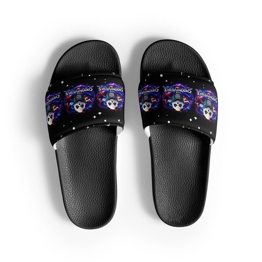 Top view of black Spoonieverse women's slides with star print