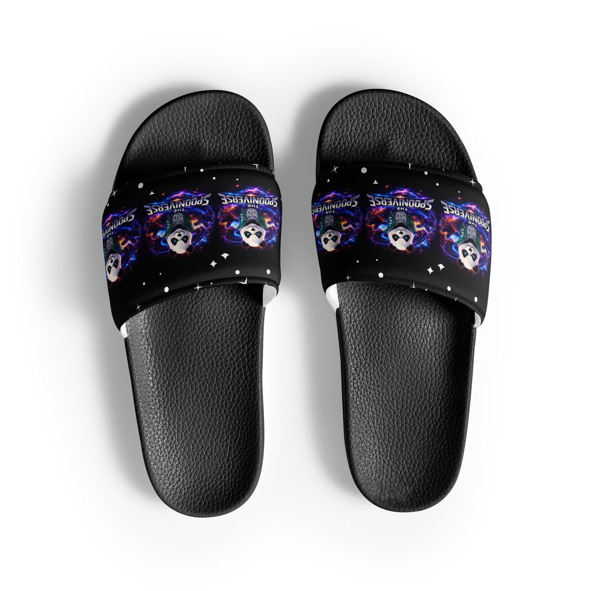 Top view of black Spoonieverse women's slides with star print