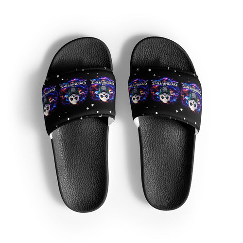 Top view of black Spoonieverse women's slides with star print