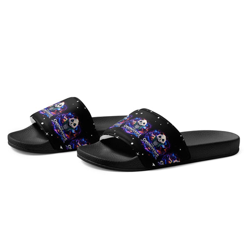 Side view of black Spoonieverse star print slides