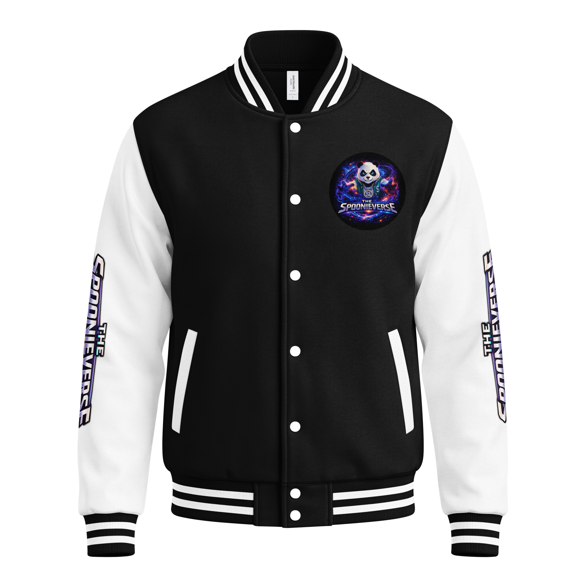 Team Spoonieverse in a heavyweight letterman jacket jet-black-arctic-white