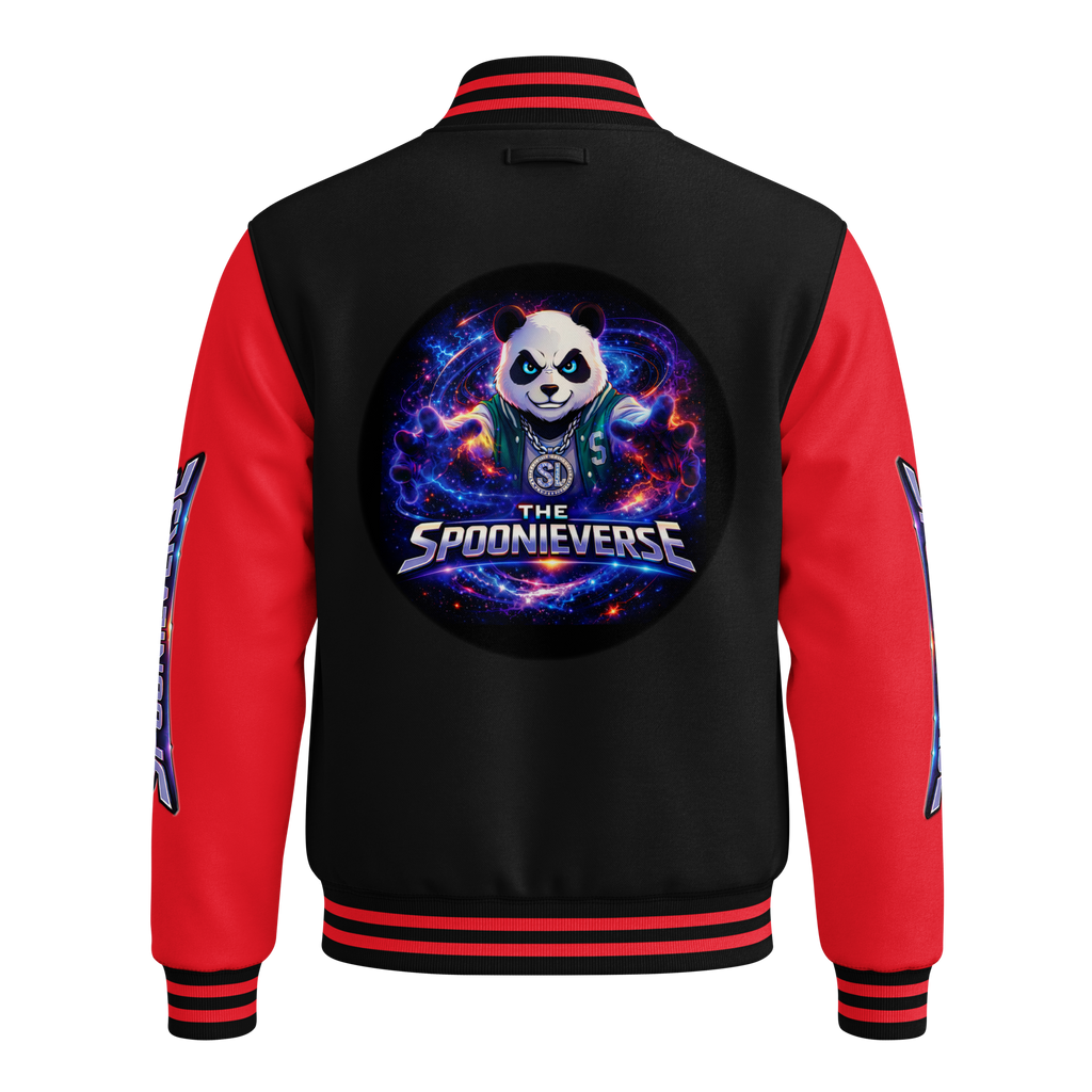 Team Spoonieverse in a heavyweight letterman jacket jet-black-fire-red-back