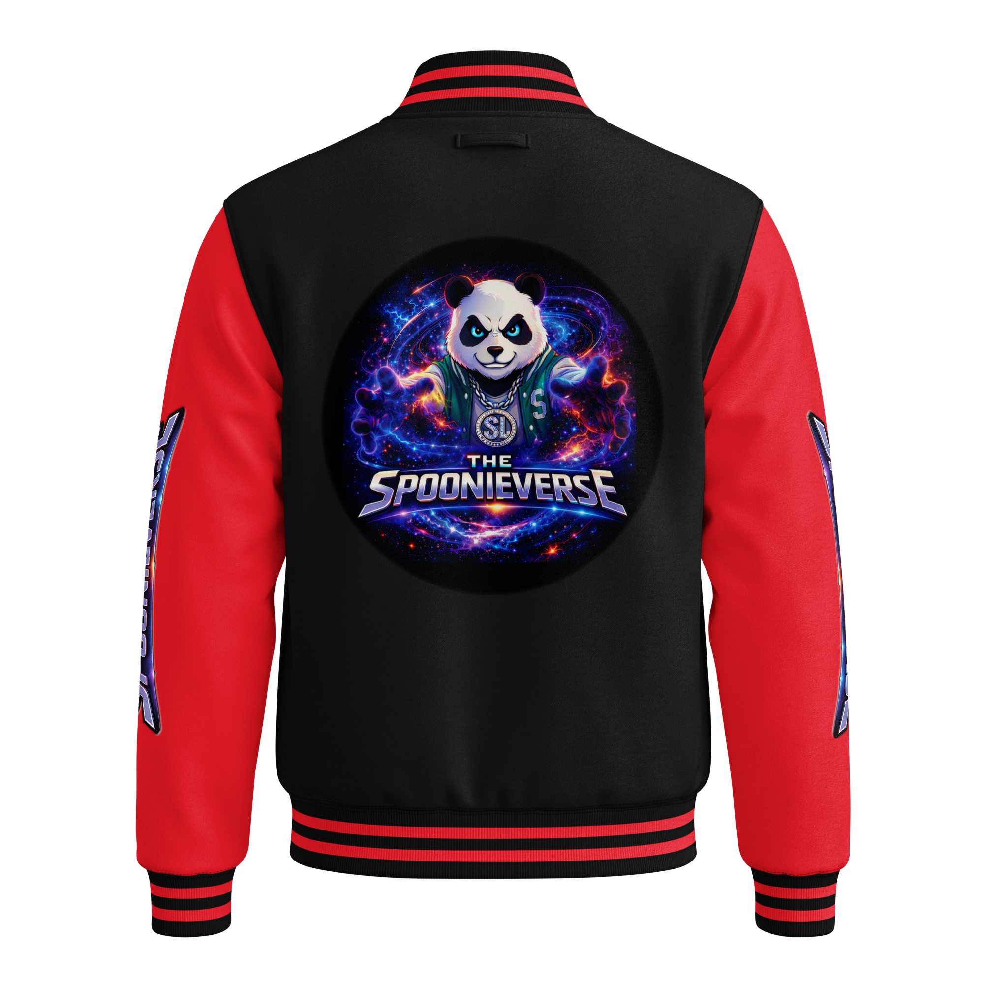 Team Spoonieverse in a heavyweight letterman jacket jet-black-fire-red-back