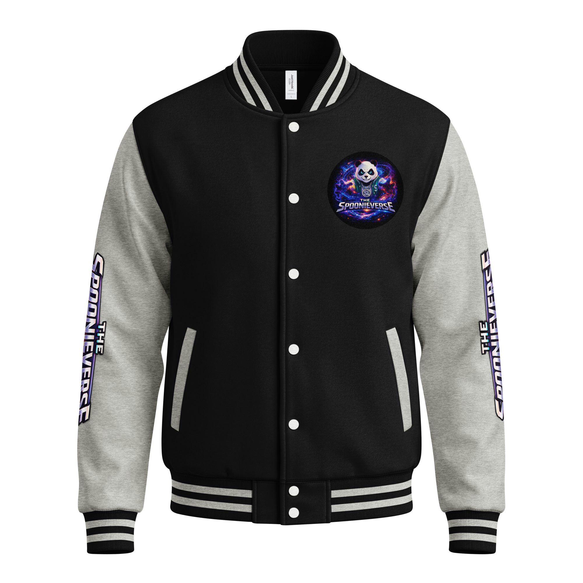 Team Spoonieverse in a heavyweight letterman jacket jacket-jet-black-heather-grey