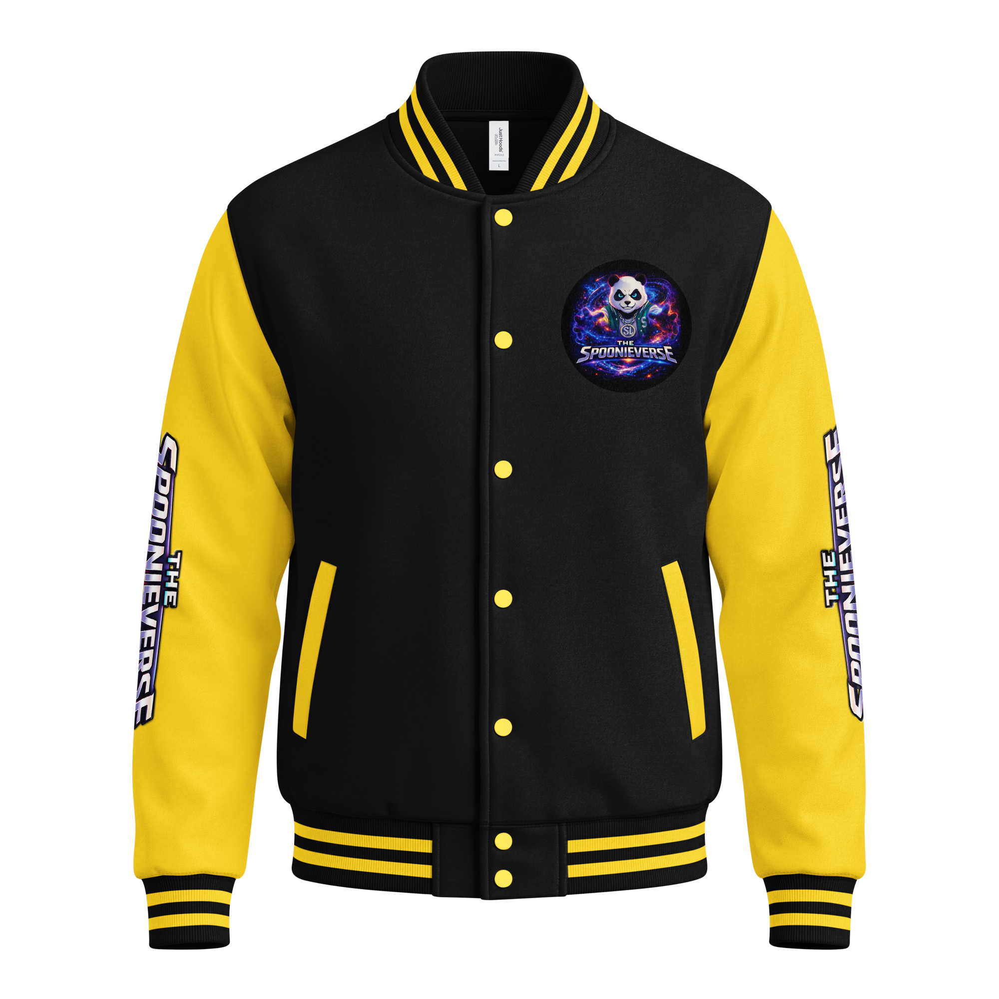 Team Spoonieverse in a heavyweight letterman jacket jacket-jet-black-sun-yellow