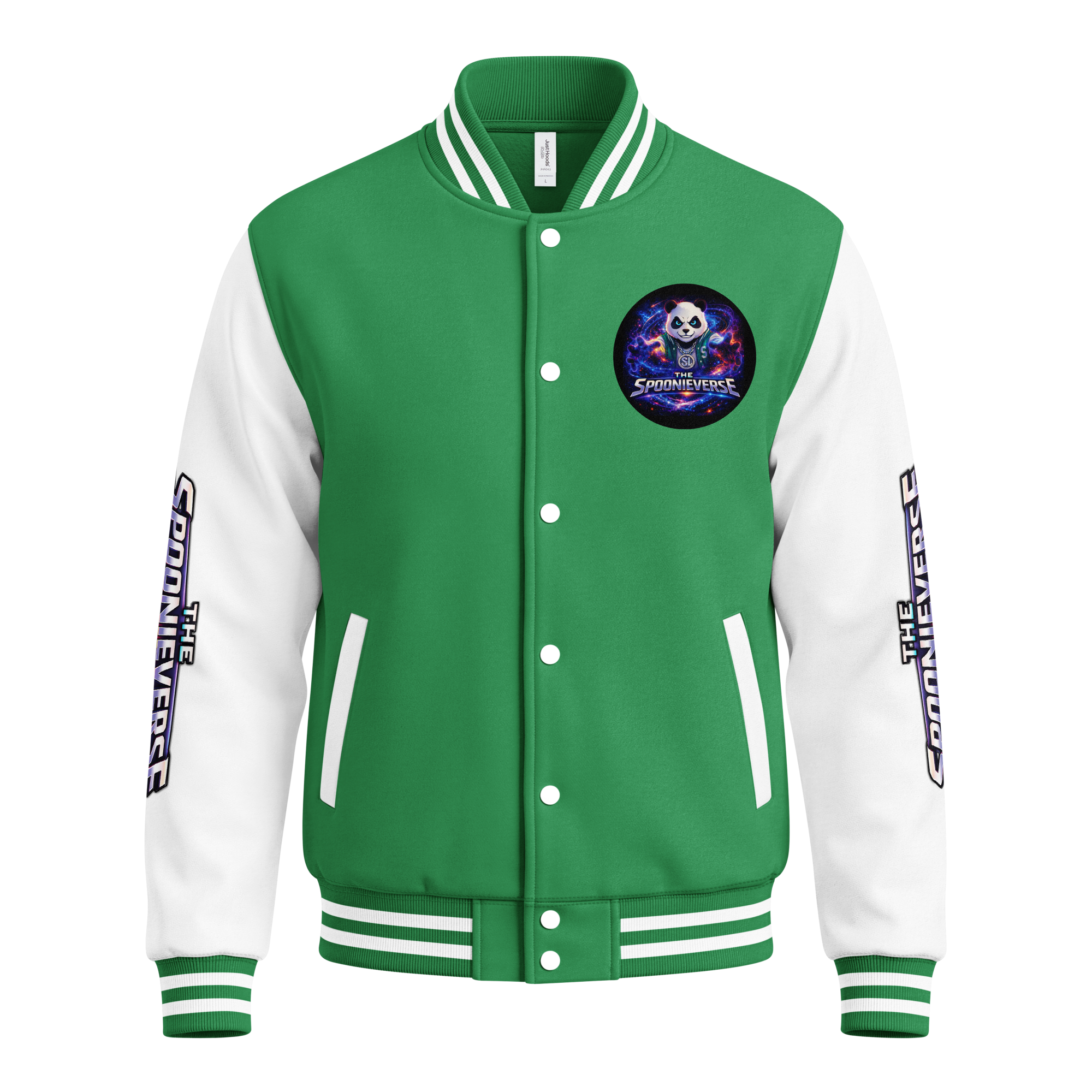 Team Spoonieverse in a heavyweight letterman jacket kelly-green-arctic-white