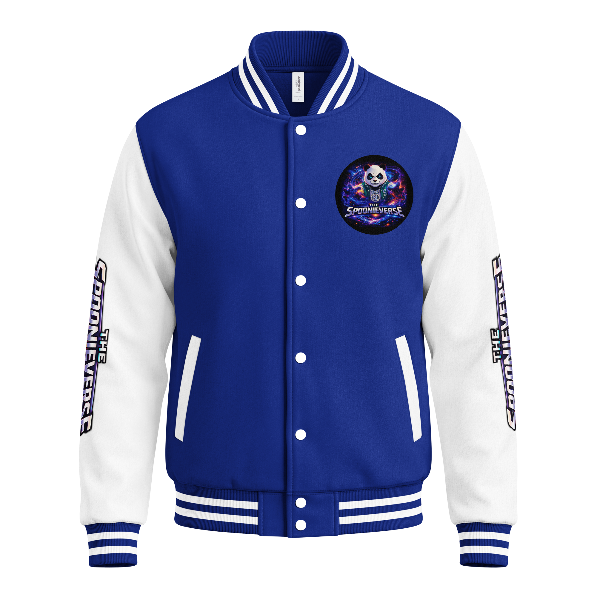 Team Spoonieverse in a heavyweight letterman jacket royal-blue-arctic-white