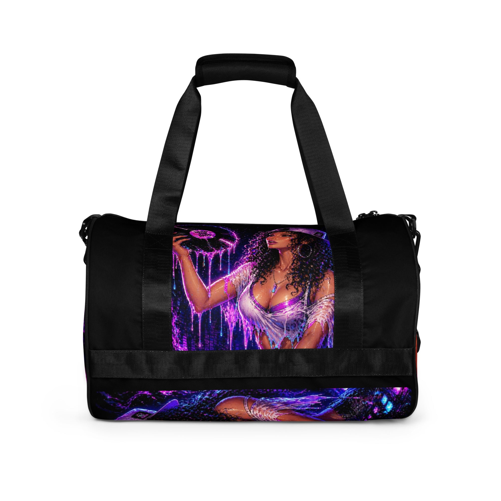 Drop the Bass duffel gym bag with vivid purple orange and black all-over artwork