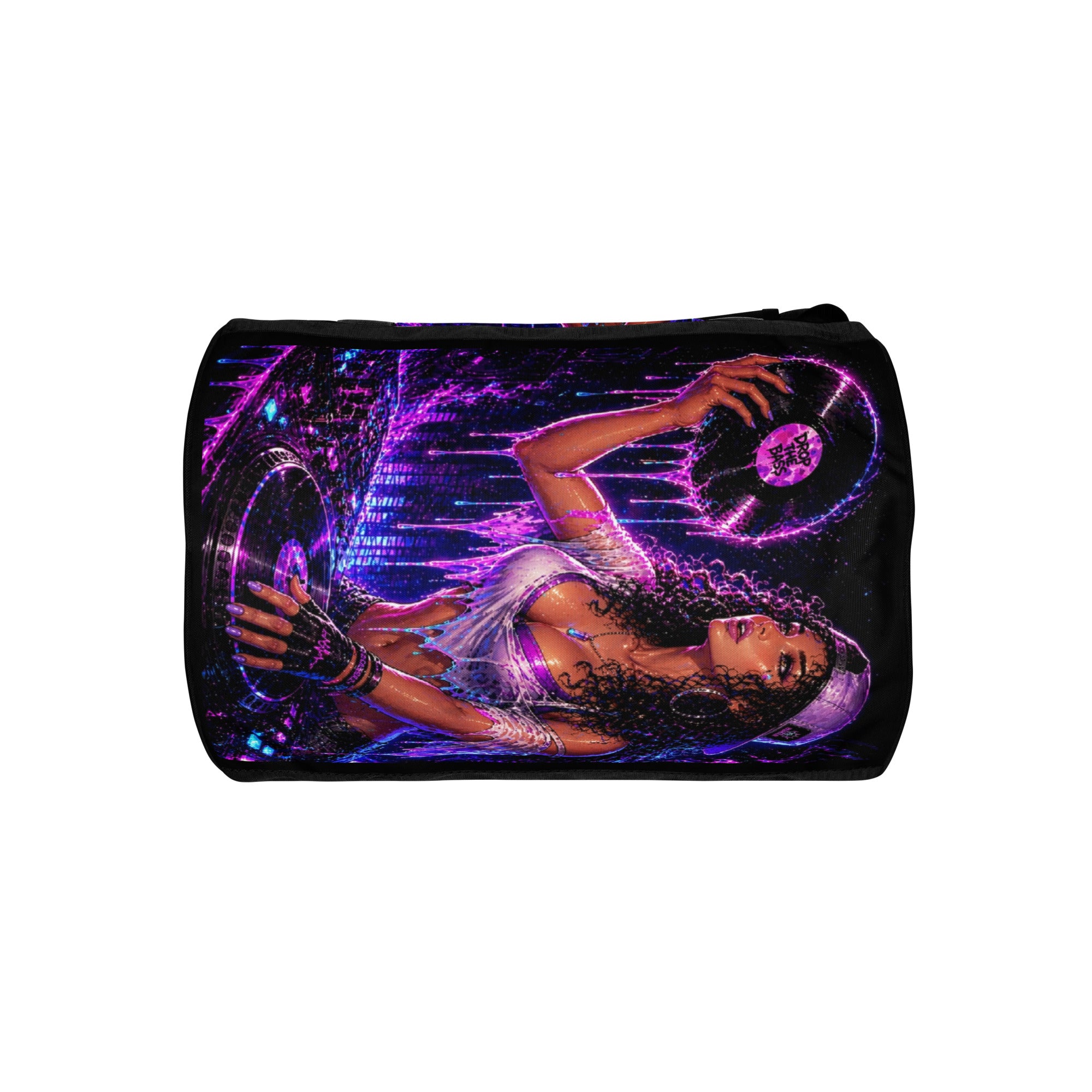 Bottom view of Drop the Bass gym bag showing purple orange and black STF1 Graphix design