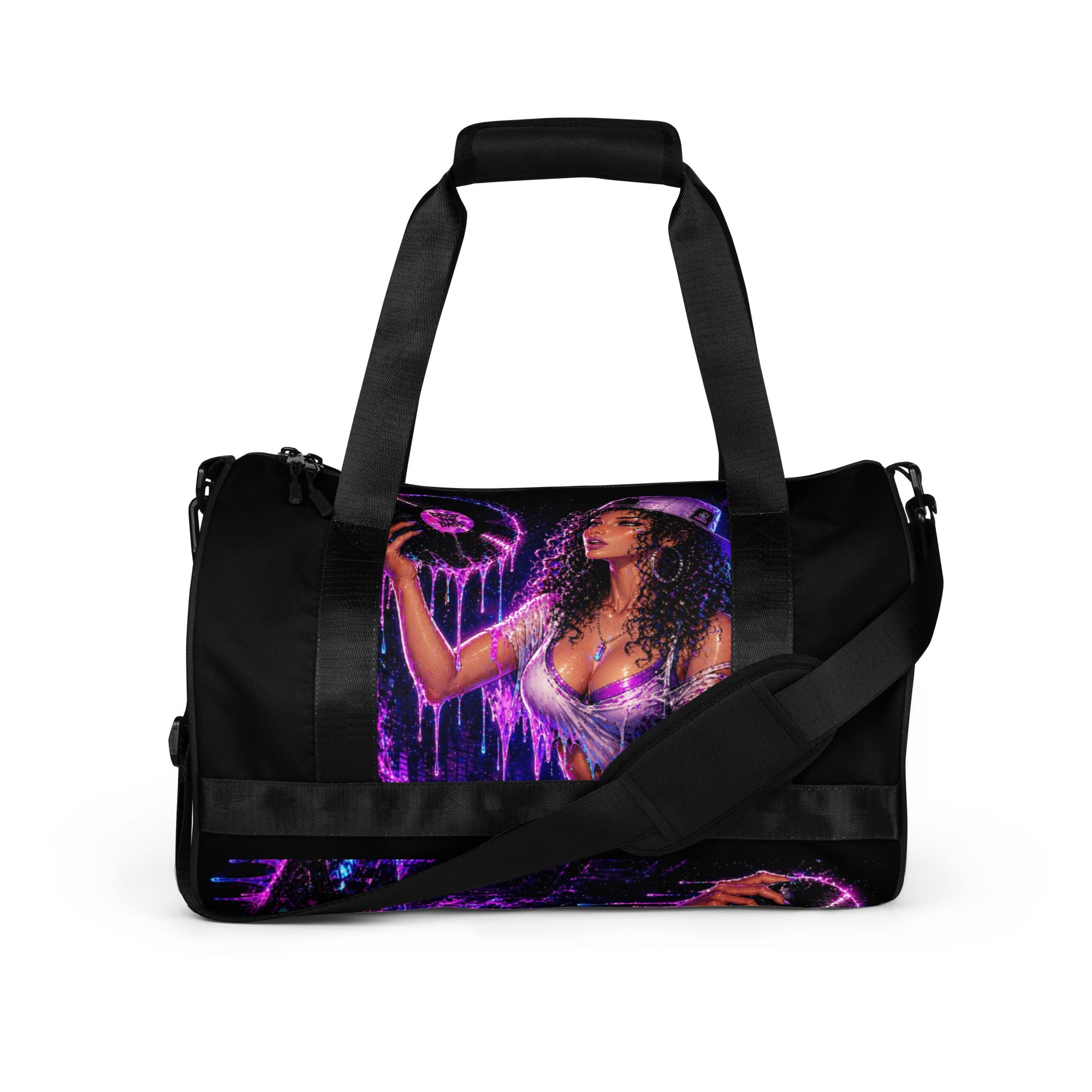 Drop the Bass duffel gym bag with vivid purple orange and black all-over artwork