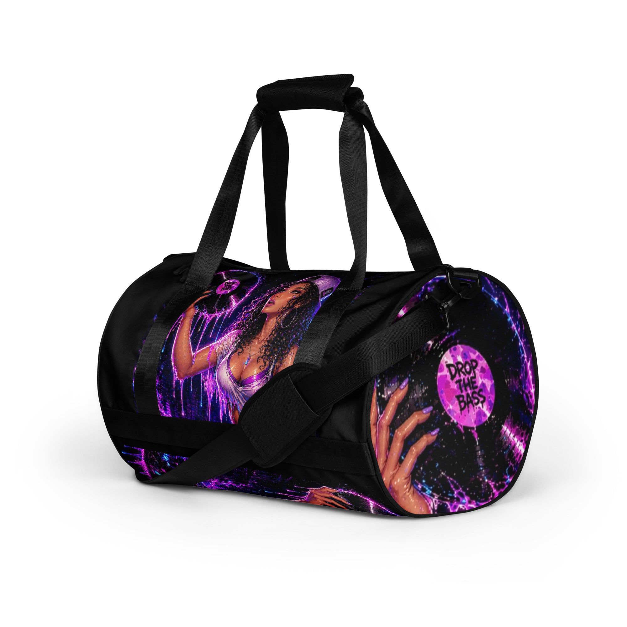 Angled view of Drop the Bass gym duffel bag with original STF1 Graphix artwork