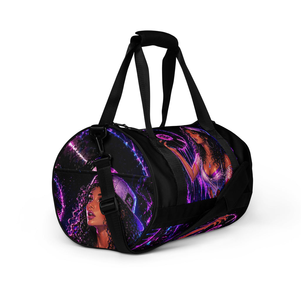 Drop the Bass all-over print gym bag with original purple and orange STF1 Graphix artwork