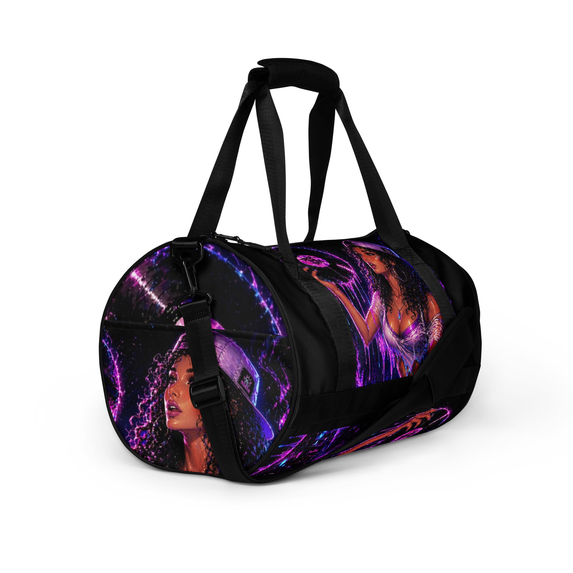 Drop the Bass all-over print gym bag with original purple and orange STF1 Graphix artwork
