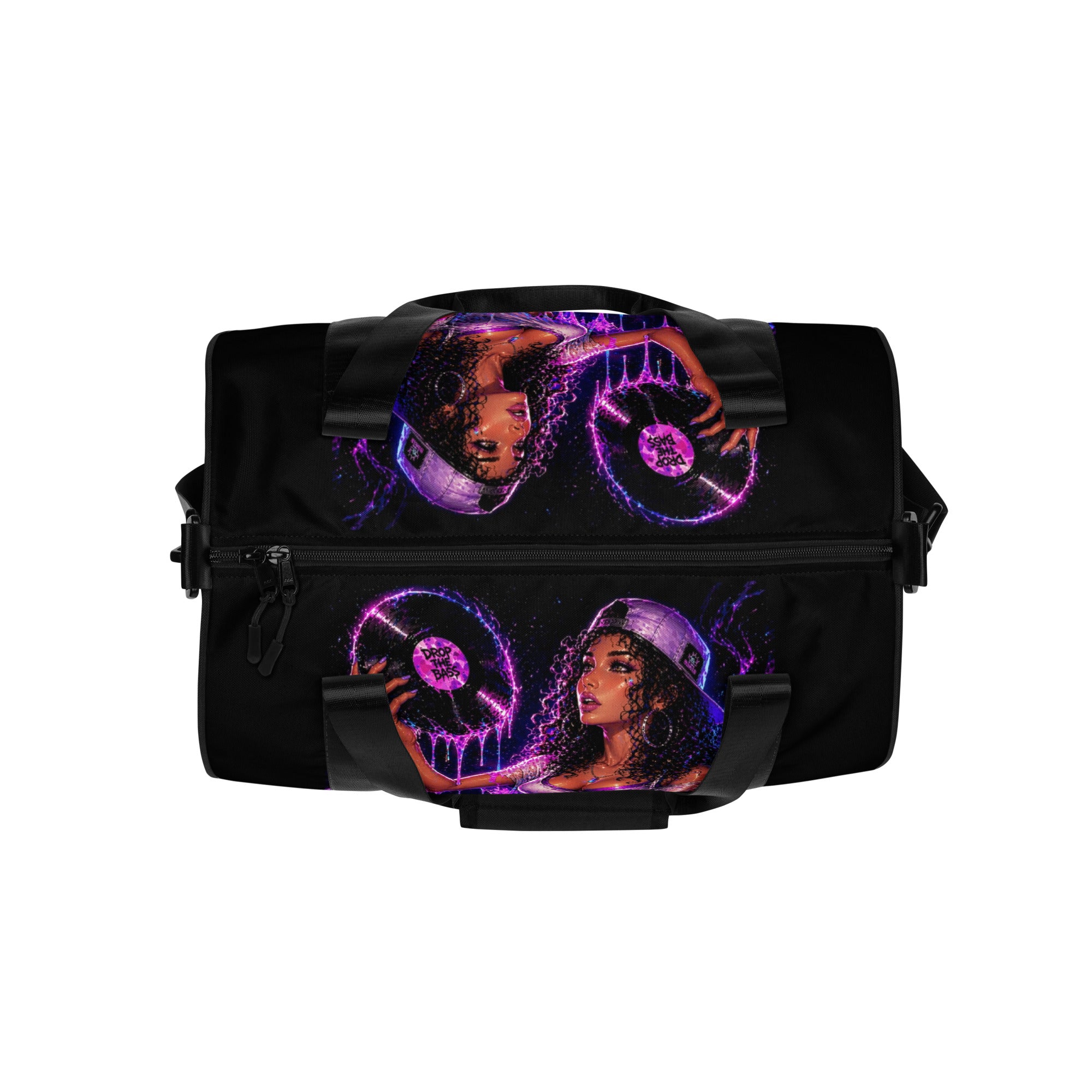 Top view of Drop the Bass all-over print gym bag with black handles and original artwork