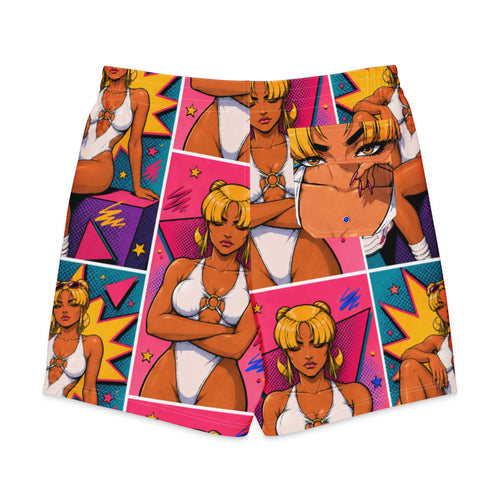 Donnah men's board shorts back with colorful 90's pop character collage