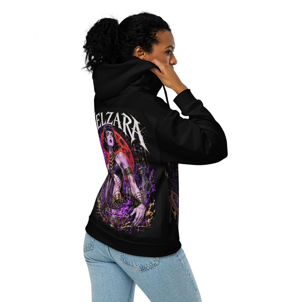 Velzara black zip hoodie back worn by model featuring full Queen of the Blood Moon artwork