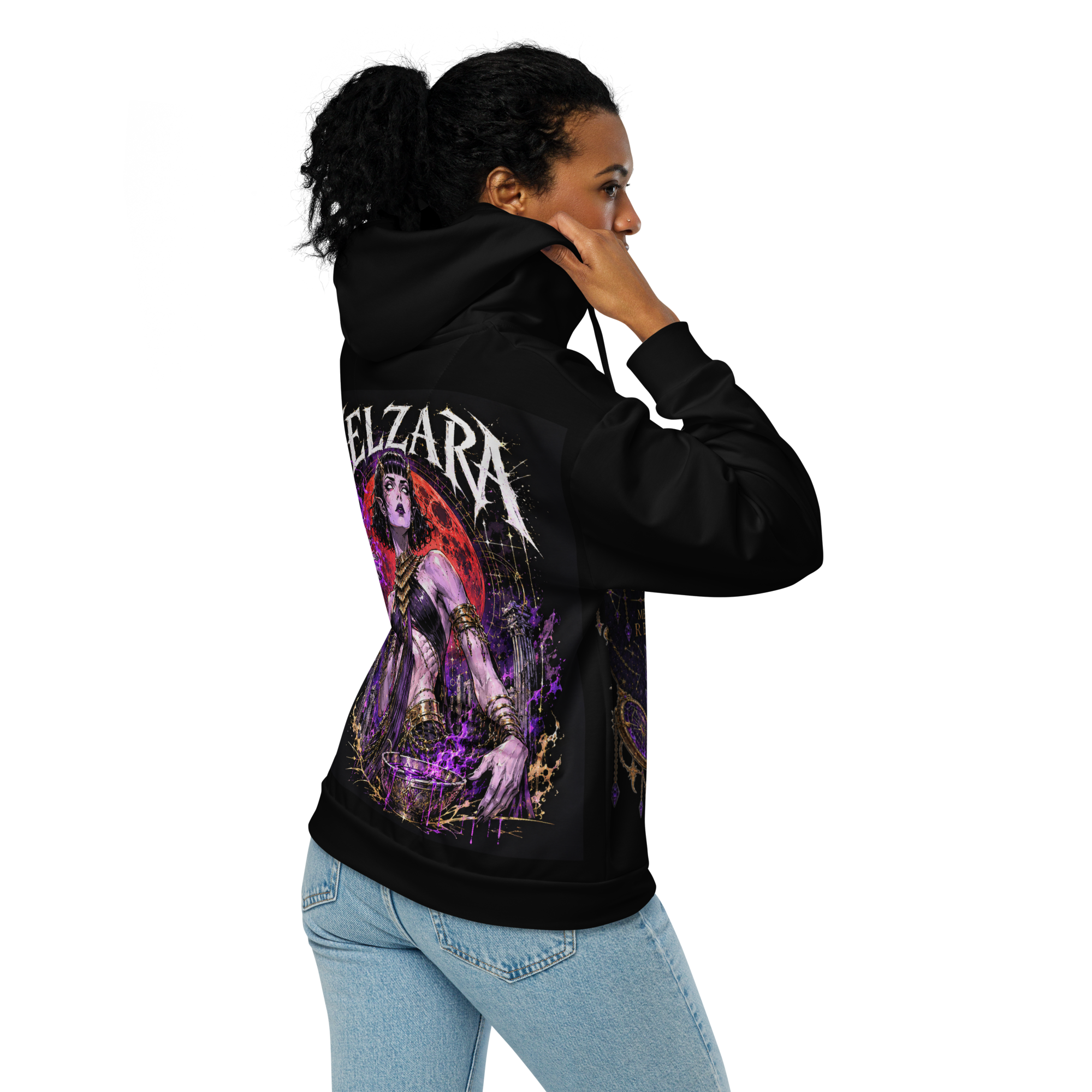 Velzara black zip hoodie back worn by model featuring full Queen of the Blood Moon artwork