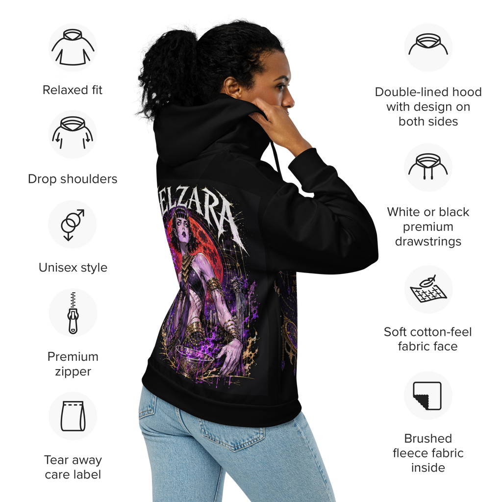Velzara black zip hoodie front worn by model showing Queen of the Blood Moon chest artwork