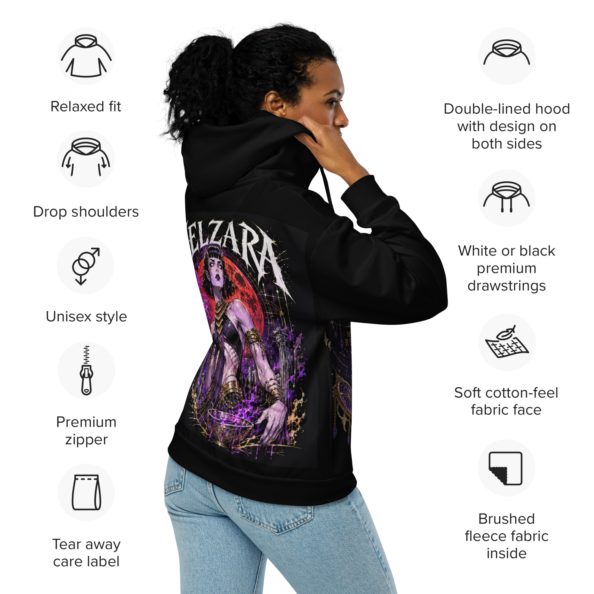 Velzara black zip hoodie front worn by model showing Queen of the Blood Moon chest artwork