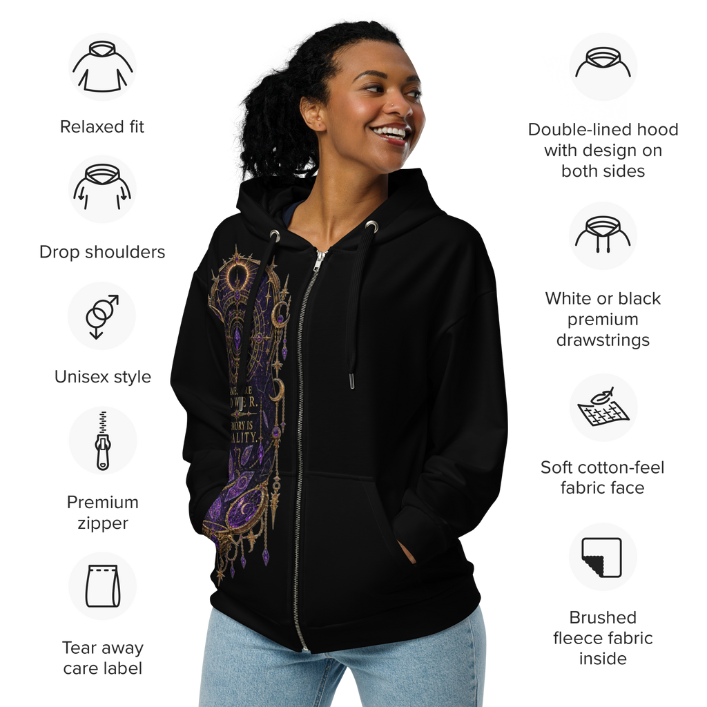 Product mockupVelzara Queen of the Blood Moon zip hoodie front view worn by model
