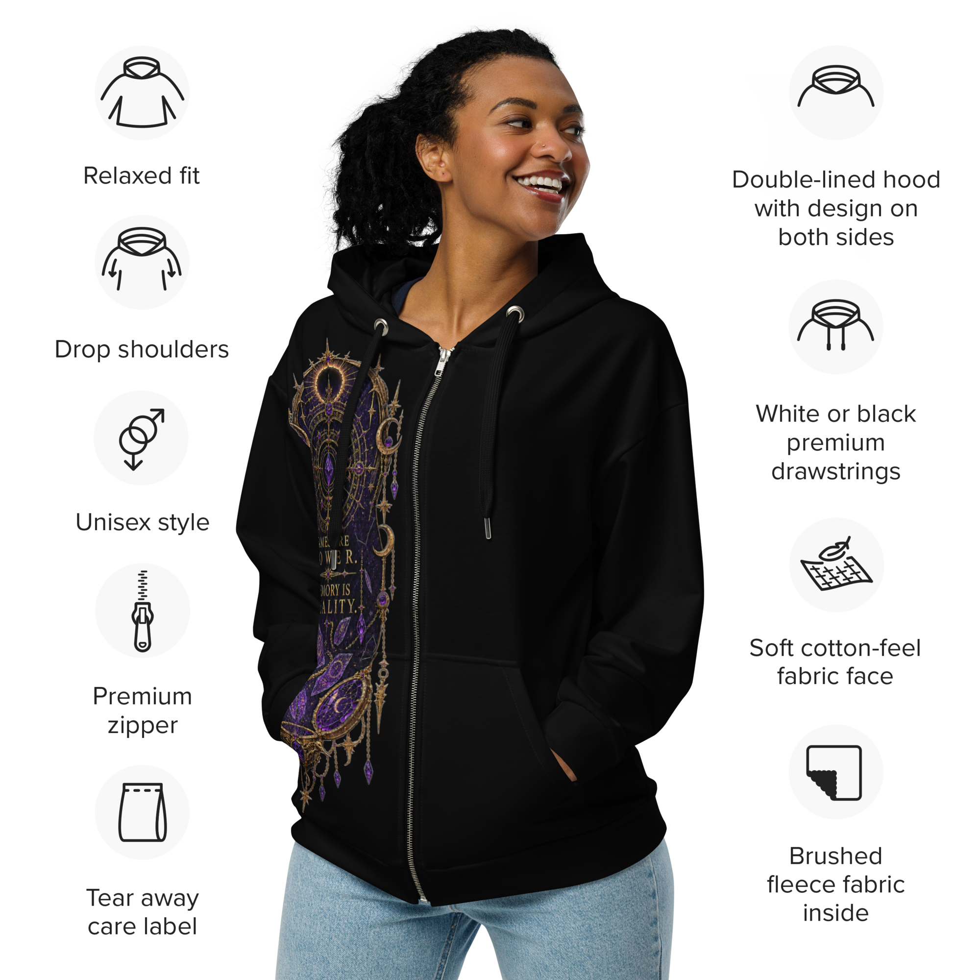 Product mockupVelzara Queen of the Blood Moon zip hoodie front view worn by model