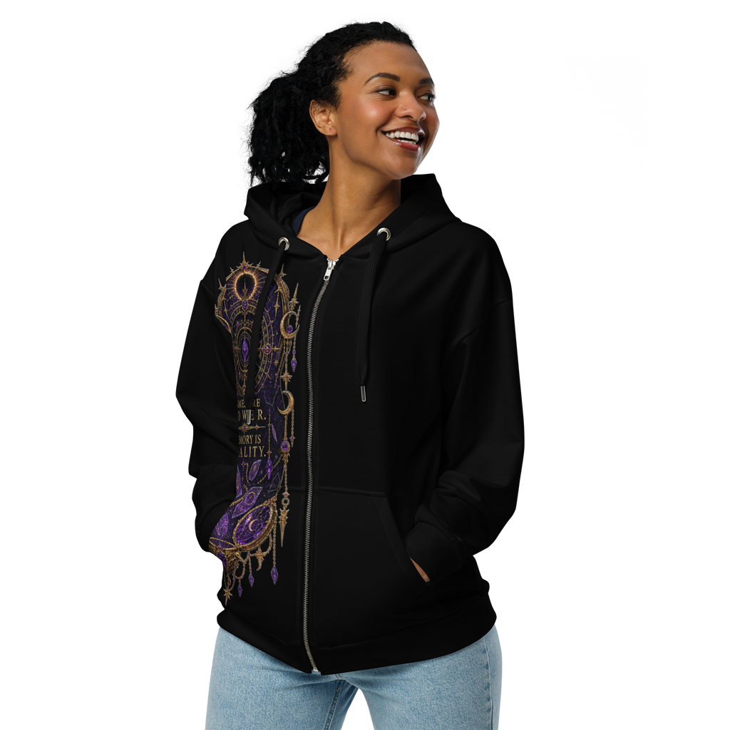 Velzara Queen of the Blood Moon black zip hoodie side and back view worn by model
