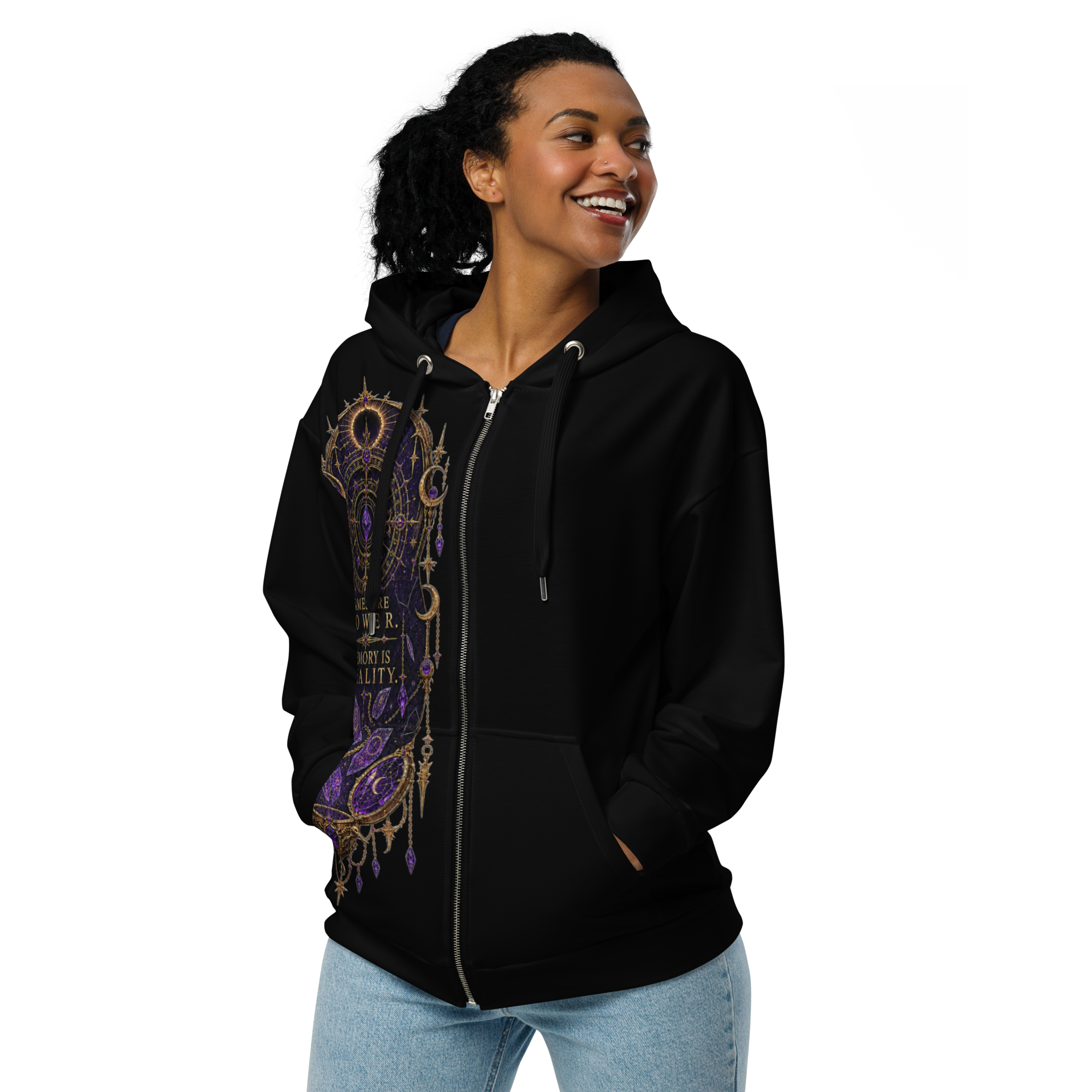 Velzara Queen of the Blood Moon black zip hoodie side and back view worn by model