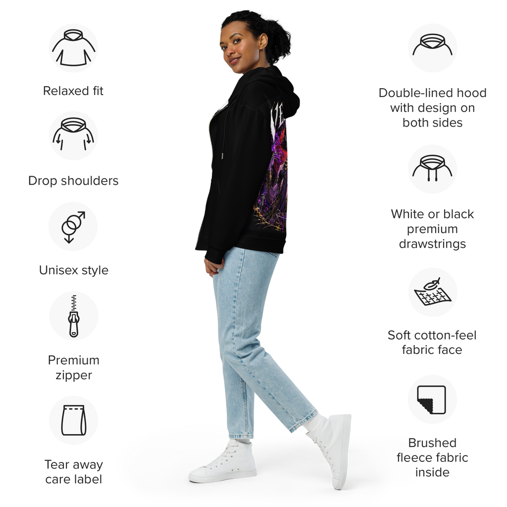 ProVelzara Queen of the Blood Moon black zip hoodie side and back view worn by model