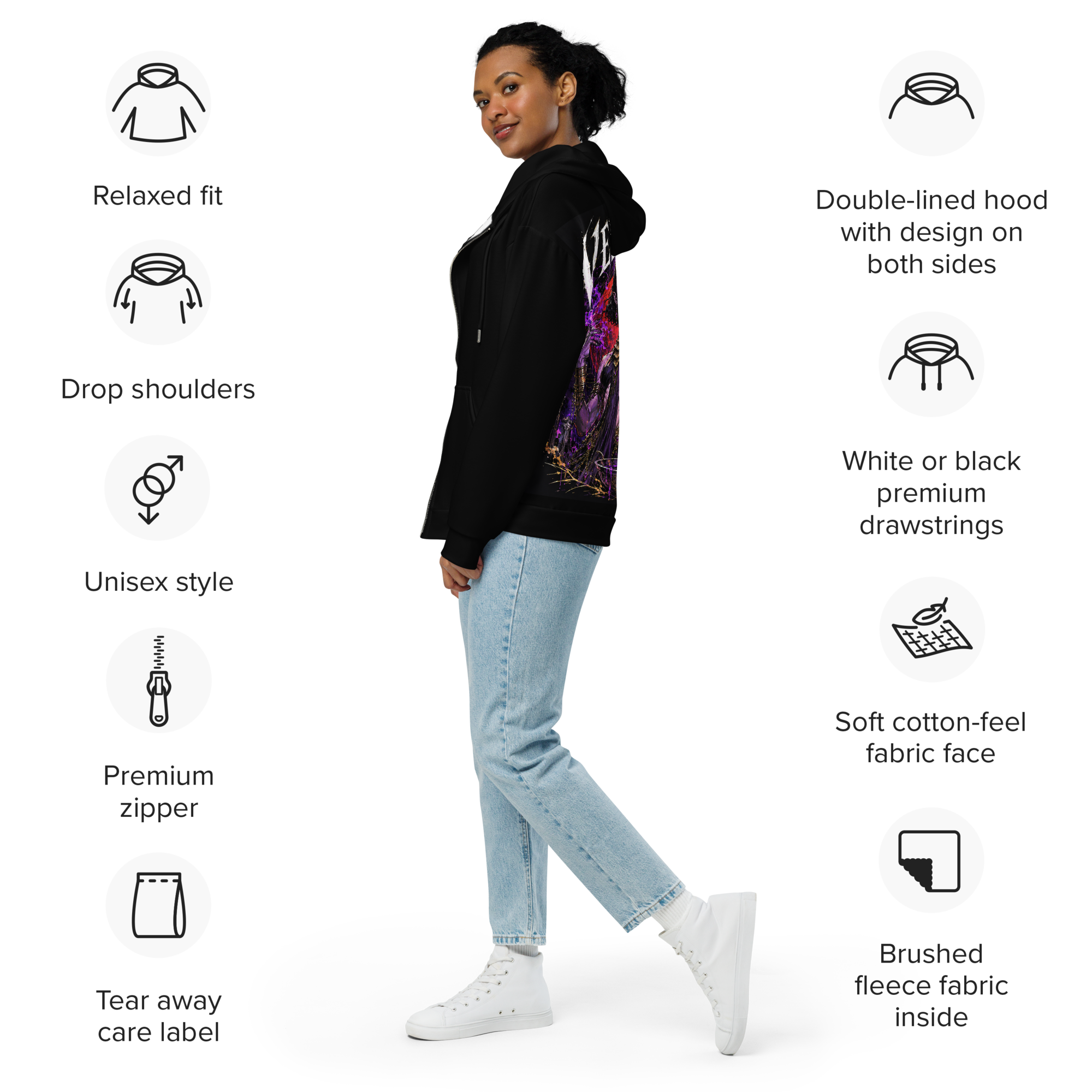 ProVelzara Queen of the Blood Moon black zip hoodie side and back view worn by model