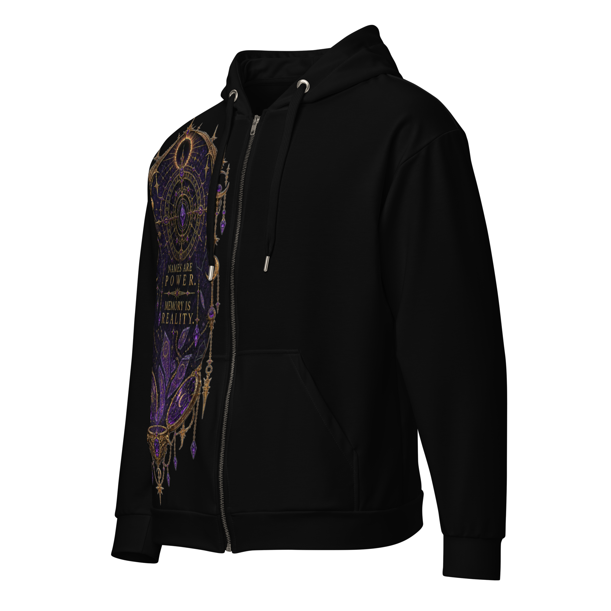 Velzara Queen of the Blood Moon black zip hoodie front with Names Are Power Memory Is Reality artwork