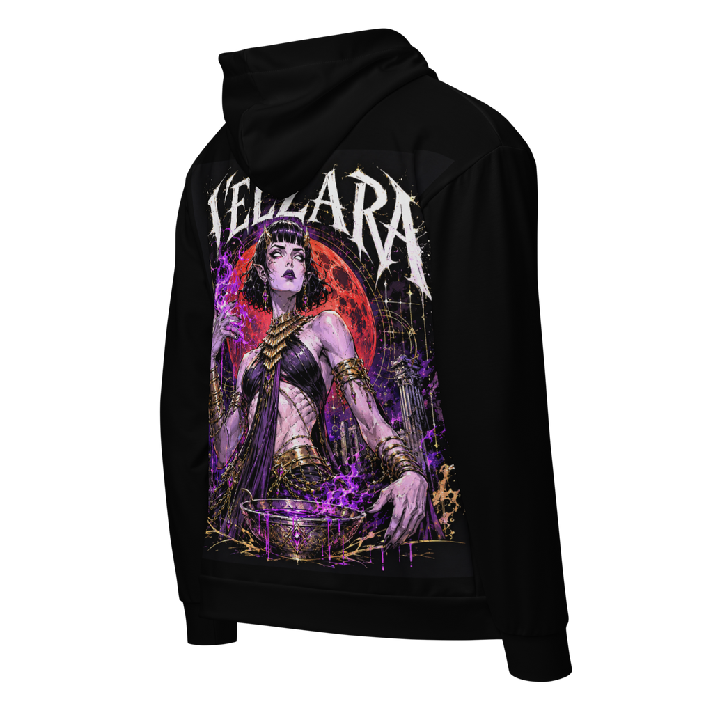 Velzara Queen of the Blood Moon black zip hoodie back with original STF1 Graphix character artwork