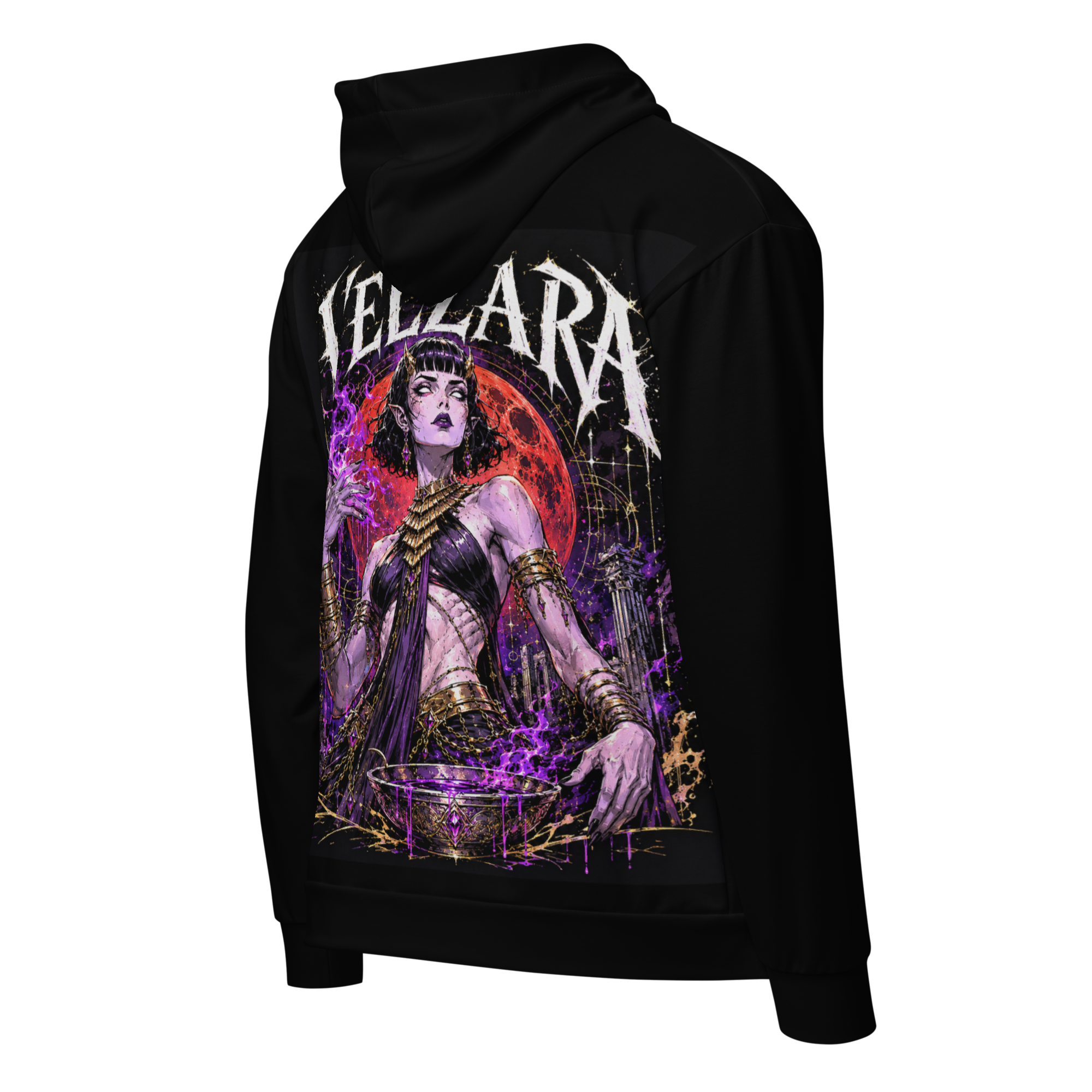 Velzara Queen of the Blood Moon black zip hoodie back with original STF1 Graphix character artwork