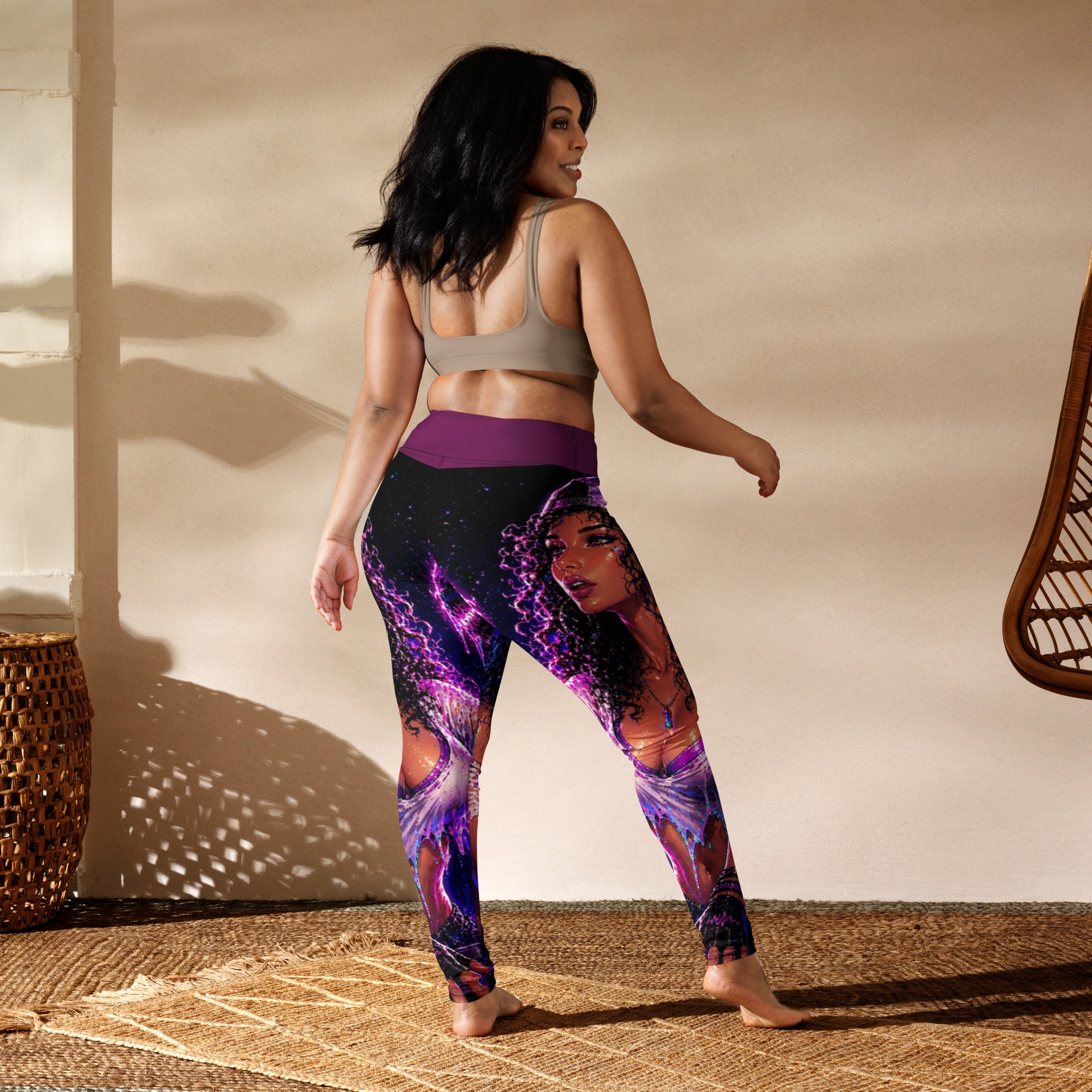 Drop the Bass Yoga Leggings lifestyle back view with STF1 Graphix artwork