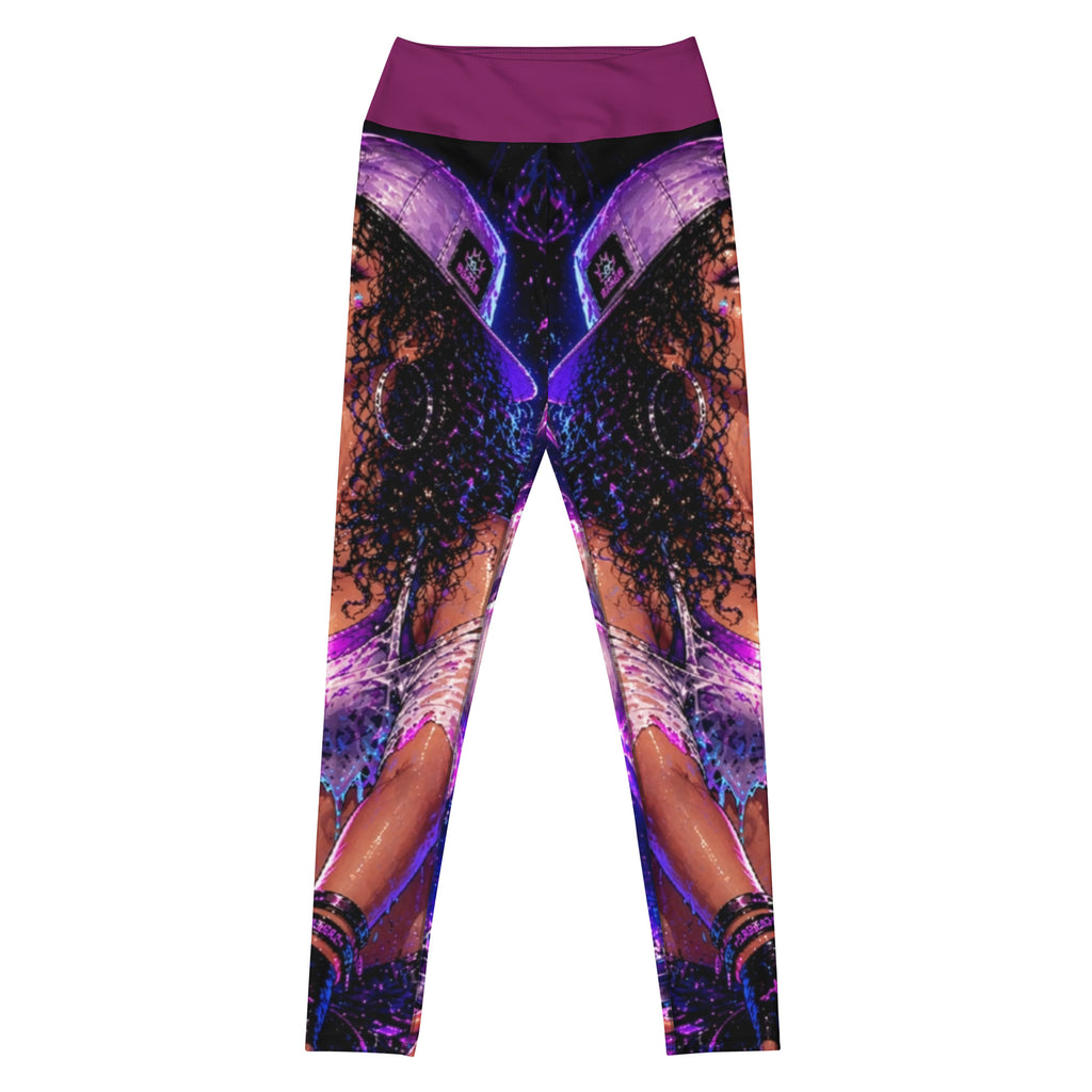 Drop the Bass Yoga Leggings front product view with purple original artwork