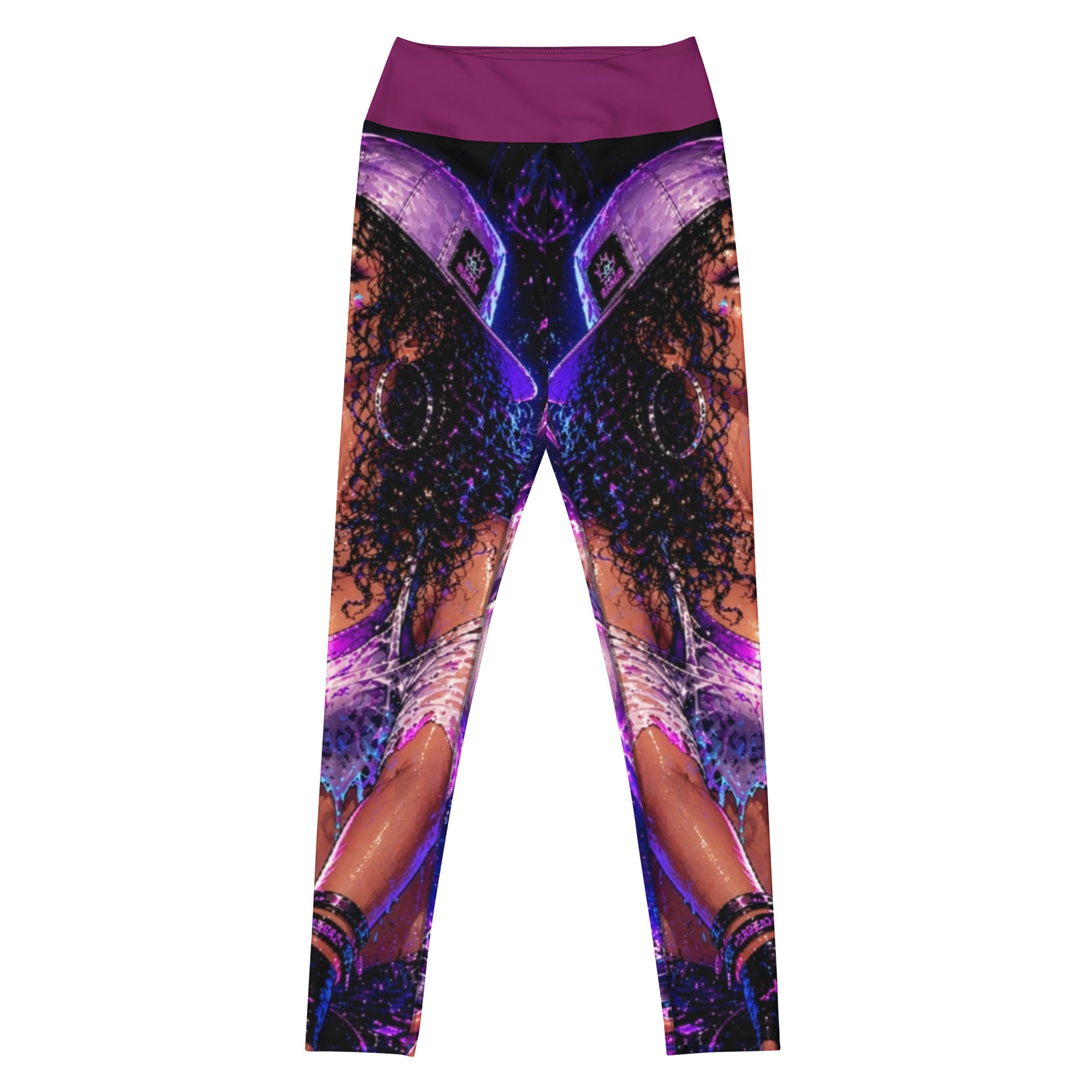 Drop the Bass Yoga Leggings front product view with purple original artwork