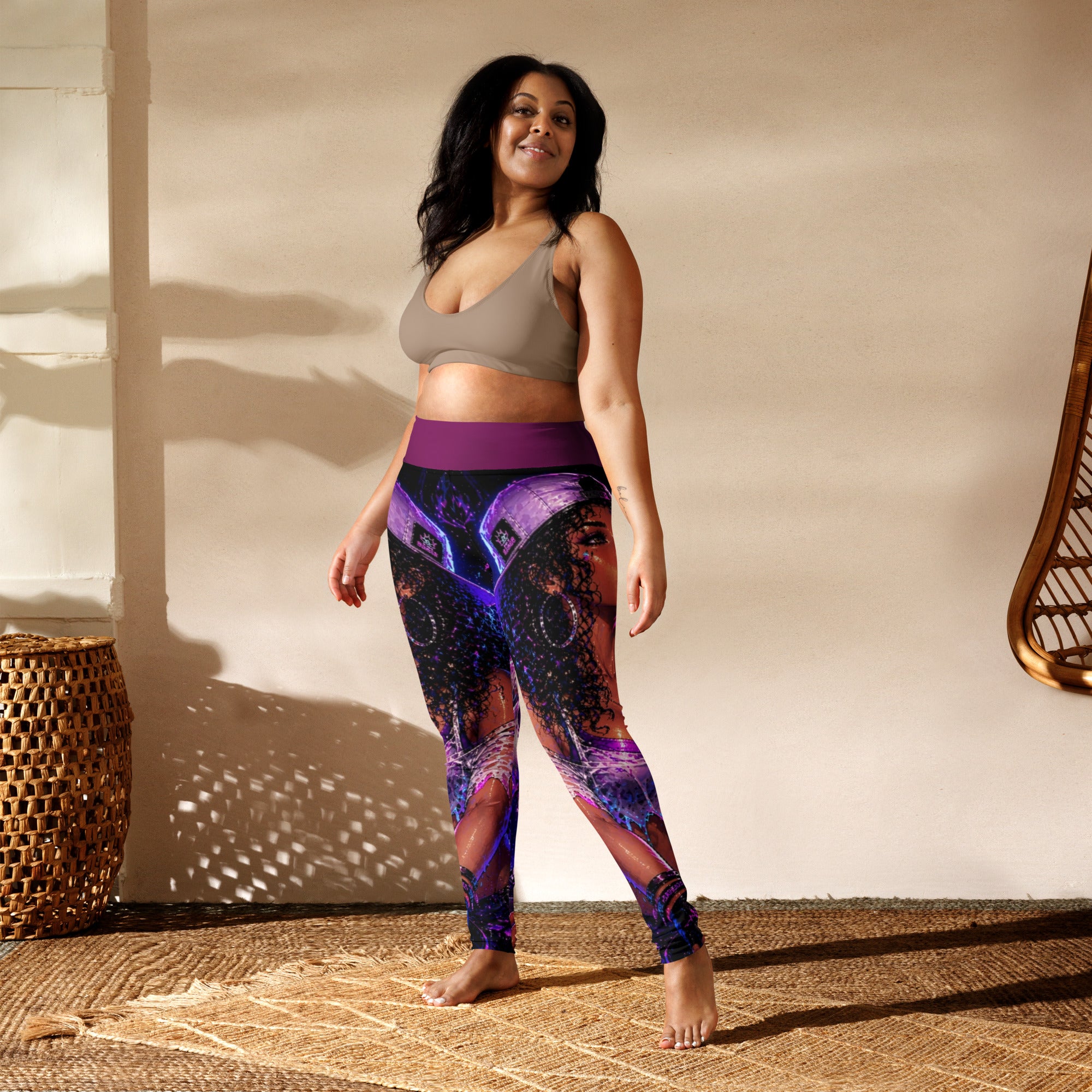 Drop the Bass Yoga Leggings lifestyle photo featuring original STF1 Graphix artwork