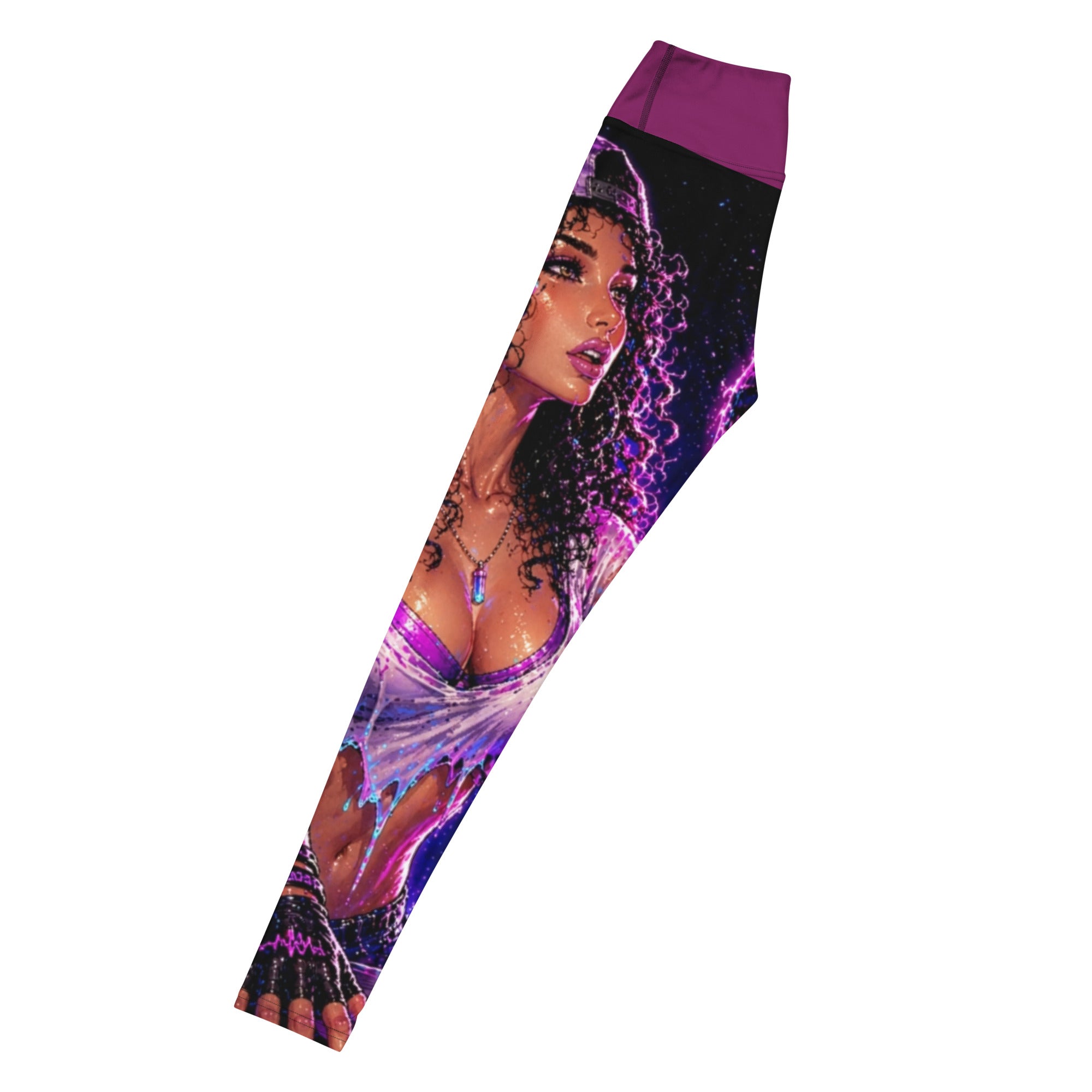 Drop the Bass Yoga Leggings side product view showing original artwork