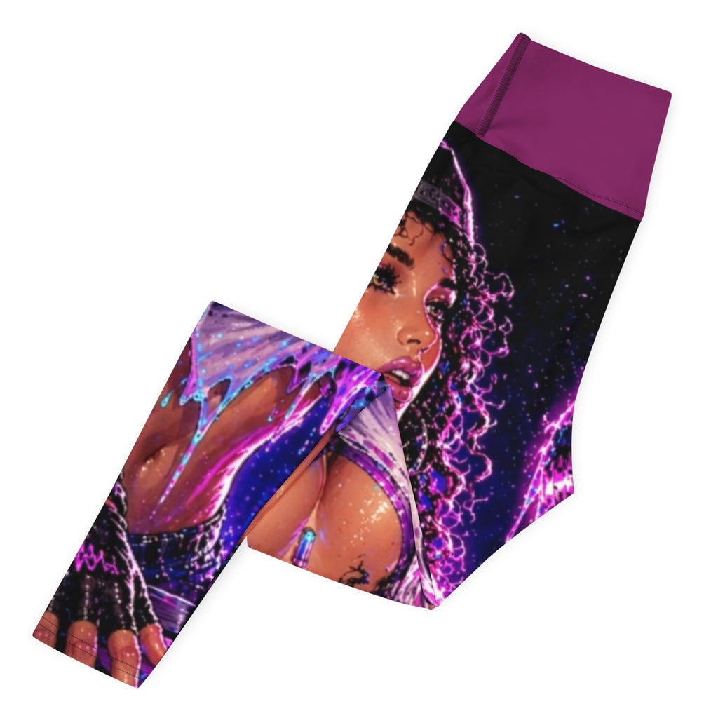 Drop the Bass Yoga Leggings angled product view with purple waistband