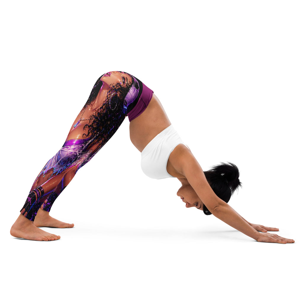 Drop the Bass Yoga Leggings worn in floor stretch pose