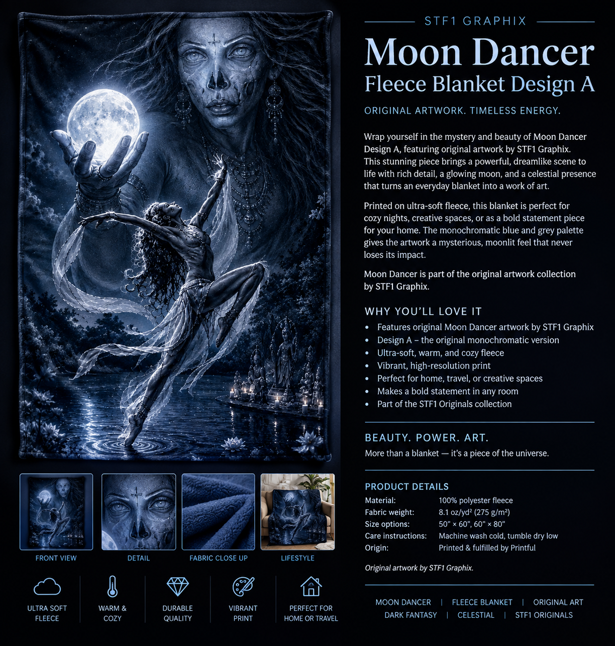 Moon Dancer Design A fleece blanket featuring original STF1 dark fantasy artwork