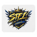 STF1 Graphix Shield Logo white mouse pad with gold blue and black company emblem