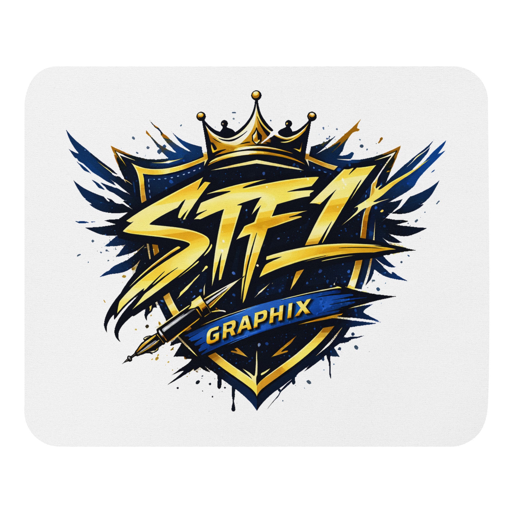 STF1 Graphix Shield Logo white mouse pad with gold blue and black company emblem