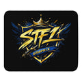 STF1 Graphix Shield Logo black mouse pad with gold blue and white company emblem