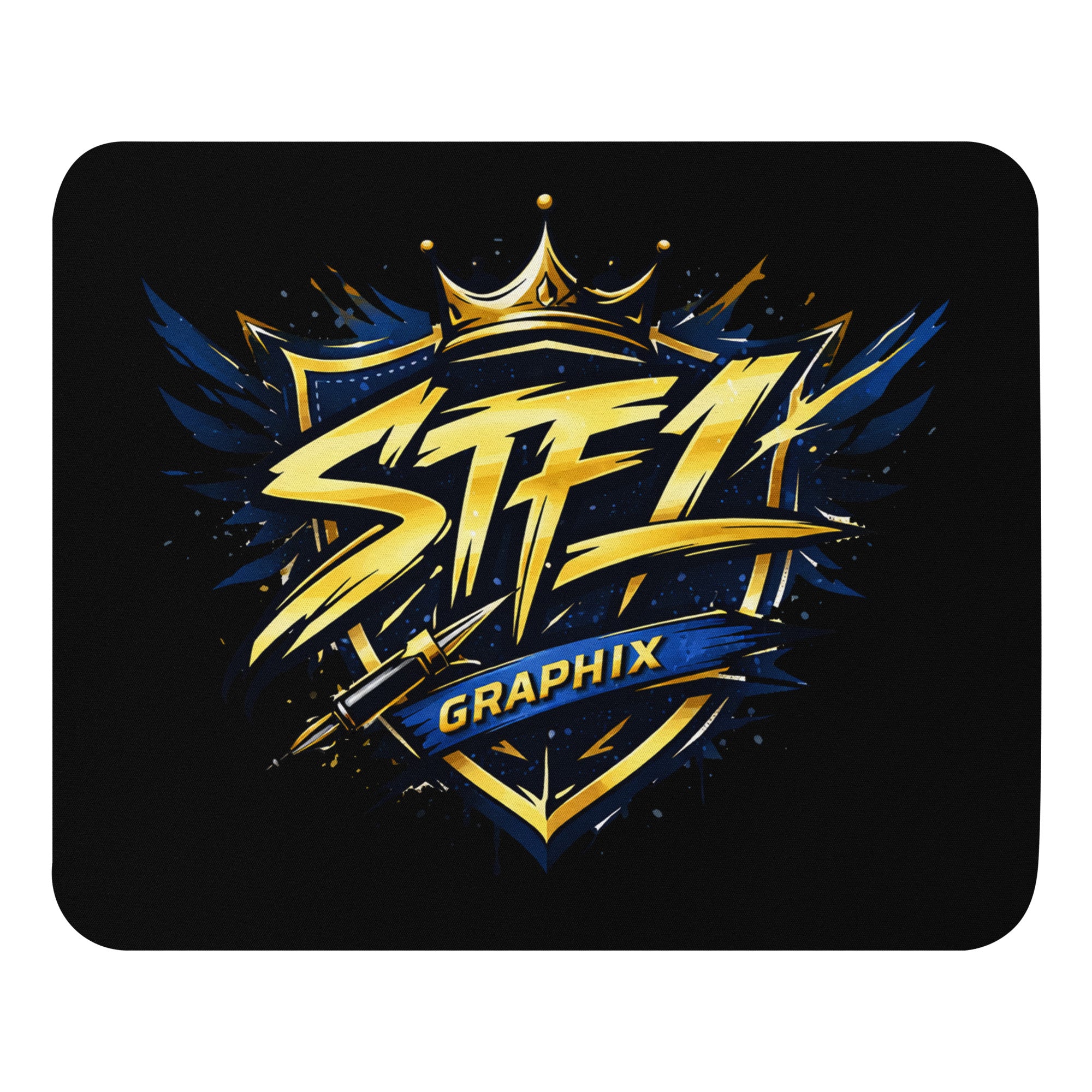 STF1 Graphix Shield Logo black mouse pad with gold blue and white company emblem