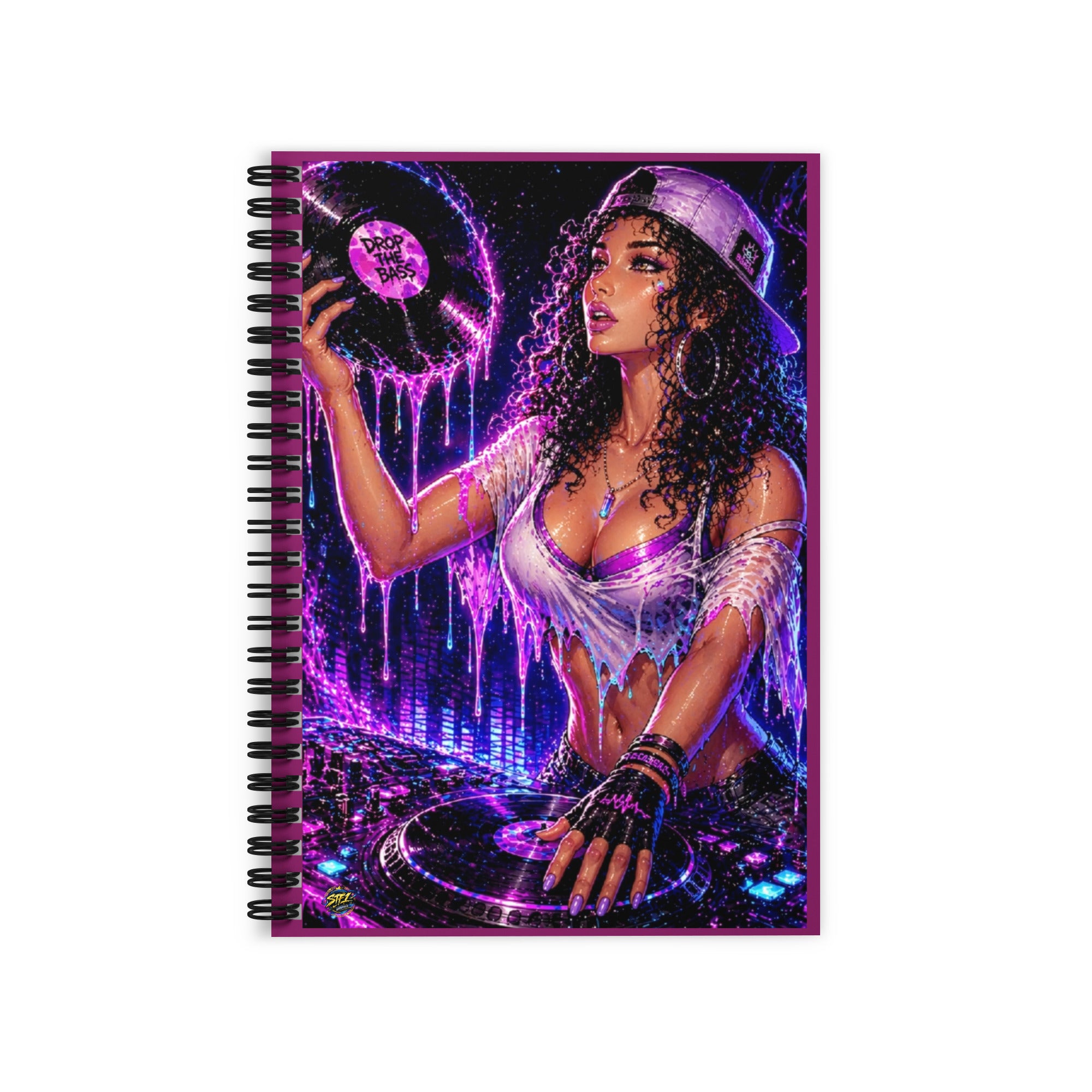 Drop the Bass ruled spiral notebook featuring original purple and orange STF1 Graphix artwork