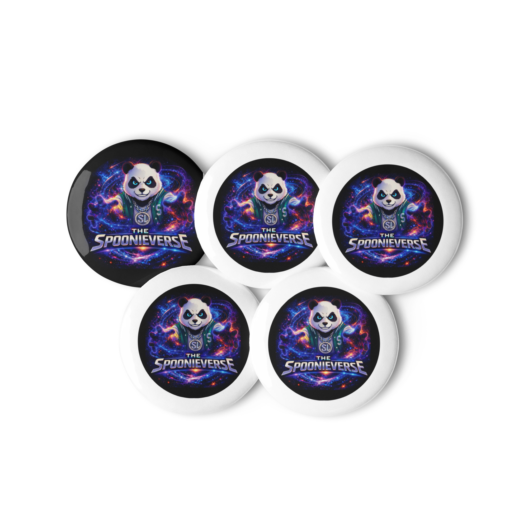 Close-up of Spoonieverse collectible pin button designs