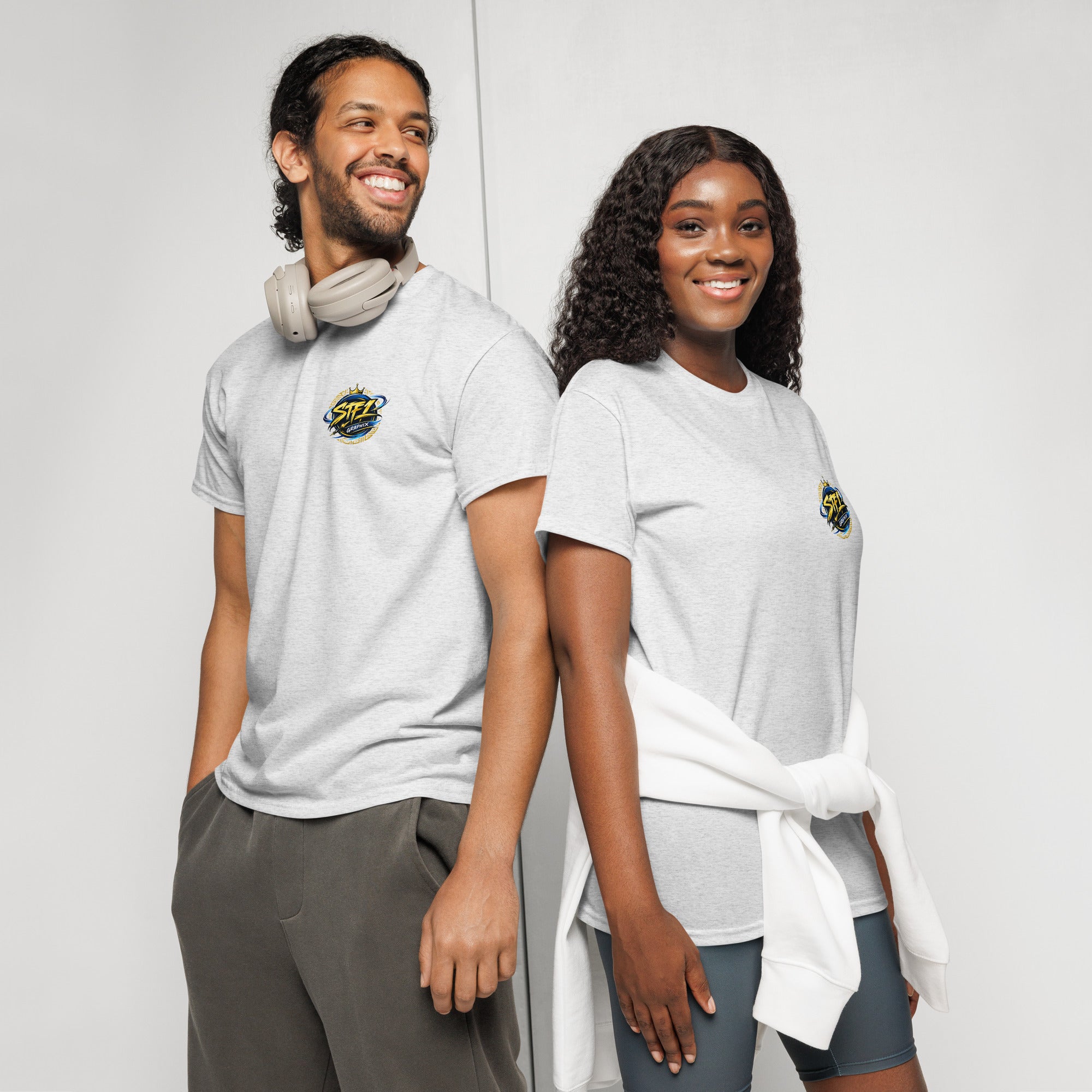 White STF1 Graphix Dual Logo DryBlend T-shirt lifestyle models